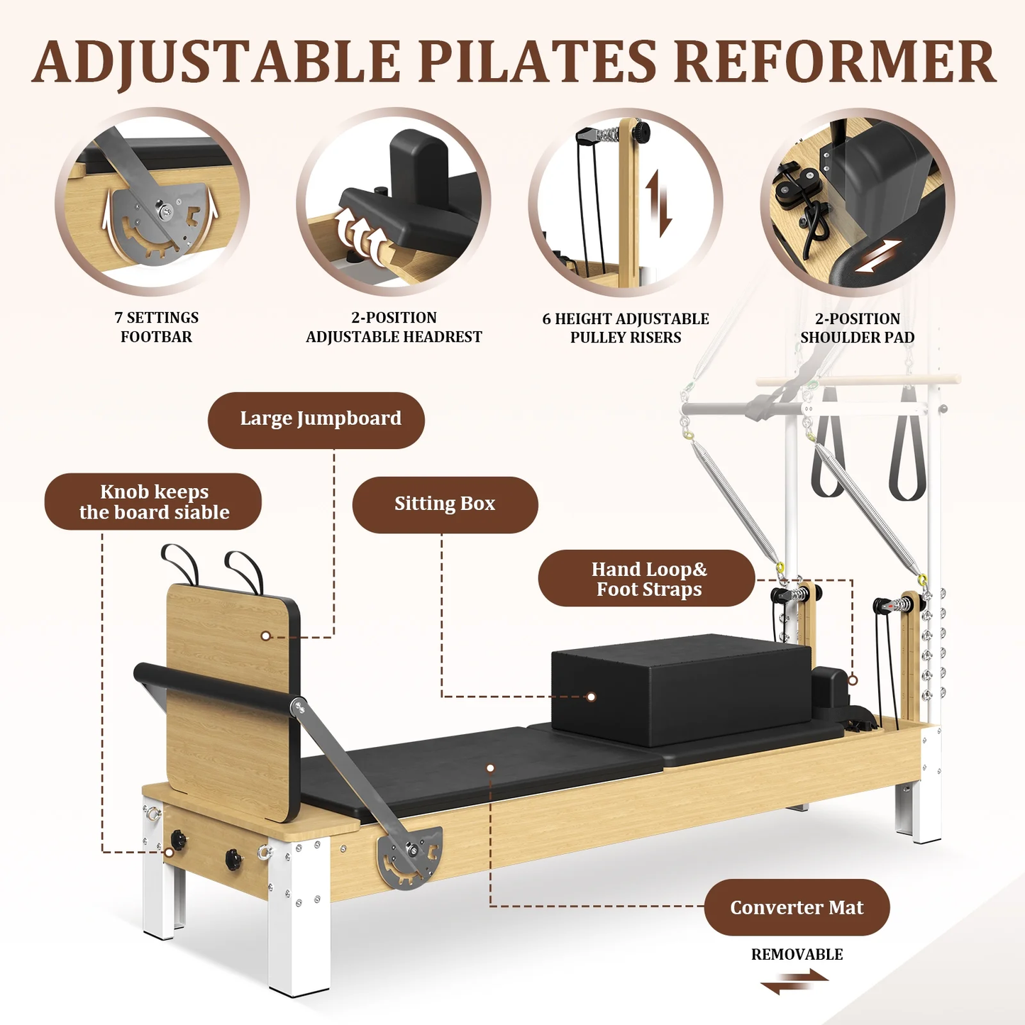 Pilates Reformer, Wooden Pilates Reformer Machine with Tower & Mat, Pilates Equipment for Home Workout and Studio, with Reformer Accessories, Sitting Box, Jump Board