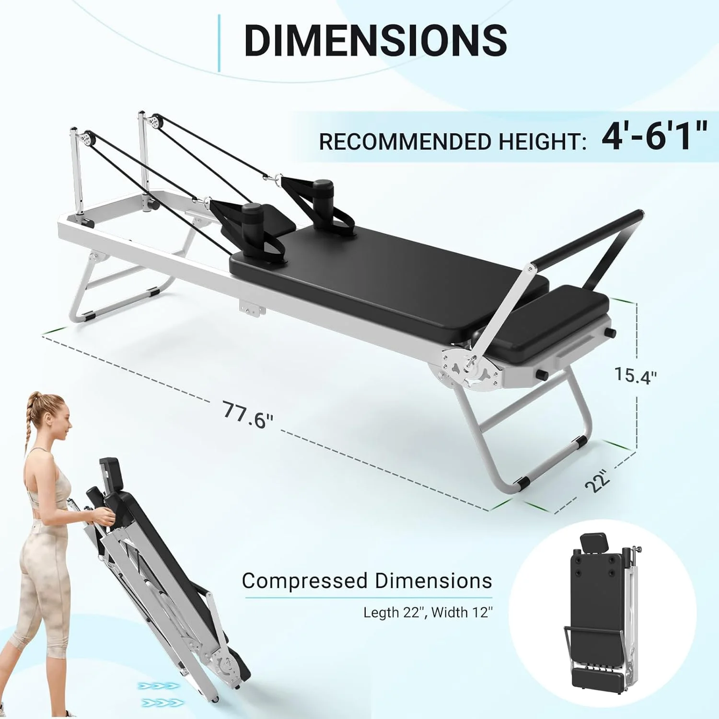 Syedee Foldable Pilates Reformer, Pilates Machine for Home Use, with Dual Resistance- Springs and Cords, Pilates Equipment for Home Workouts with Jump Board, up to 400 LBS