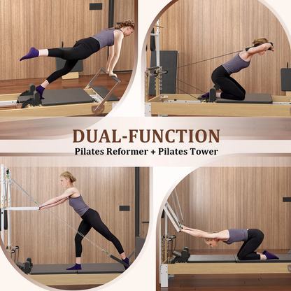 Pilates Reformer, Wooden Pilates Reformer Machine with Tower & Mat, Pilates Equipment for Home Workout and Studio, with Reformer Accessories, Sitting Box, Jump Board