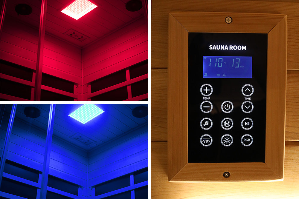 Wizzisaunas S07 2–3 Person Corner Full Spectrum Near Zero EMF Indoor Infrared Sauna with Red Light Therapy