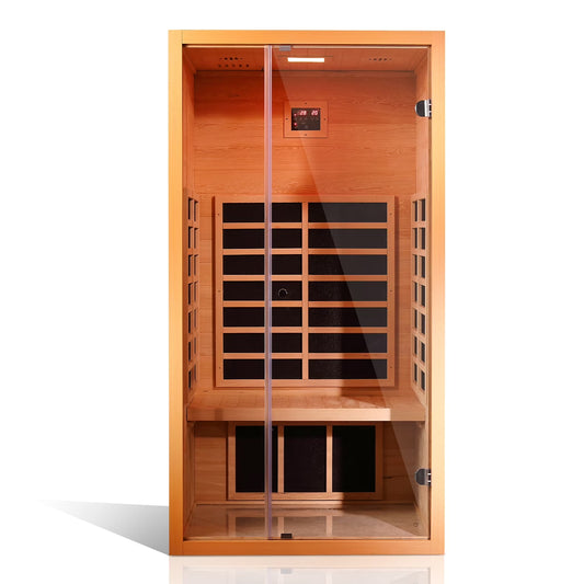 1 Person Extendable FAR Infrared Sauna for Home, Hemlock Wood Low EMF 6 Carbon Heaters Indoor Saunas with LED Lights, Bluetooth Speaker, Digital Control Panel, and Seating Bench