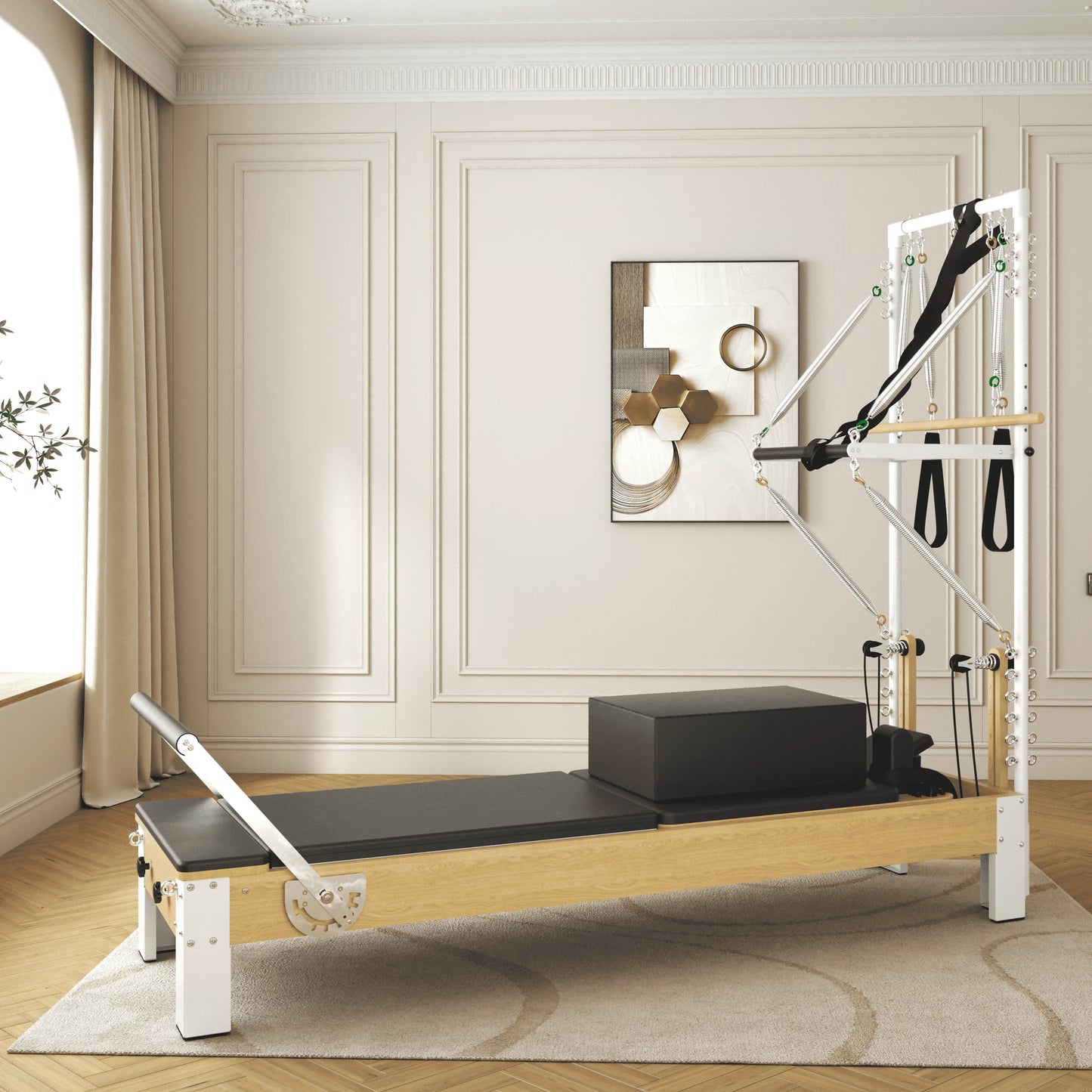 Pilates Reformer, Wooden Pilates Reformer Machine with Tower & Mat, Pilates Equipment for Home Workout and Studio, with Reformer Accessories, Sitting Box, Jump Board