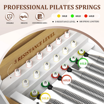 Pilates Reformer, Wooden Pilates Reformer Machine with Tower & Mat, Pilates Equipment for Home Workout and Studio, with Reformer Accessories, Sitting Box, Jump Board