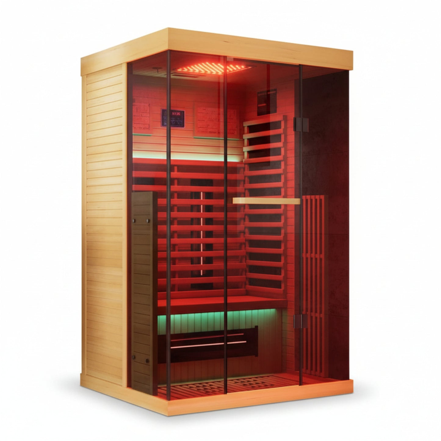 Meissalivve Full Spectrum Infrared Sauna，1-2 Person Home Sauna，Wooden Canadian Hemlock Indoor Spa Sauna with Resonance Speaker, Panoramic Tempered Glass Door