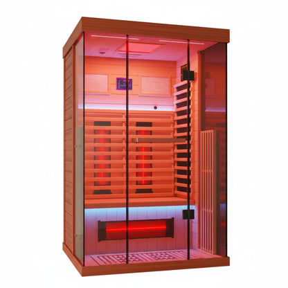 Meissalivve Full Spectrum Infrared Sauna，1-2 Person Home Sauna，Wooden Canadian Hemlock Indoor Spa Sauna with Resonance Speaker, Panoramic Tempered Glass Door