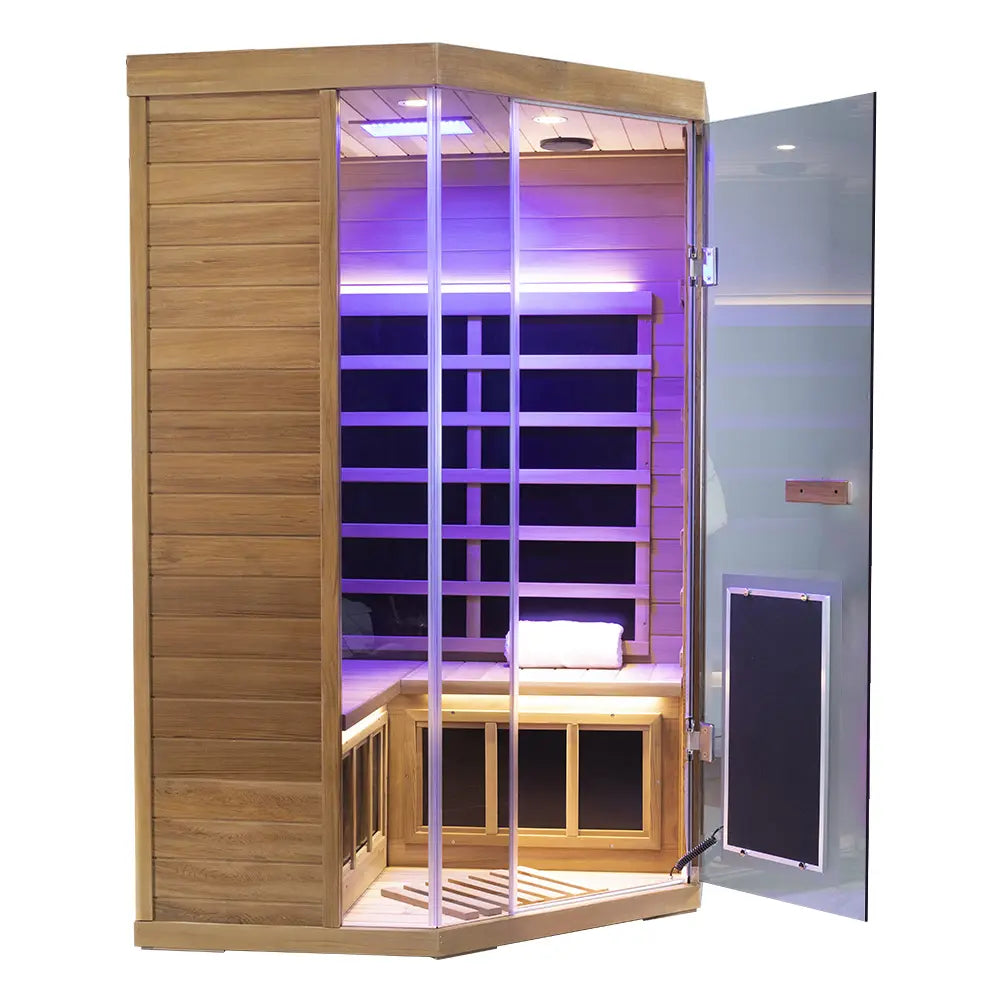 Wizzisaunas S07 2–3 Person Corner Full Spectrum Near Zero EMF Indoor Infrared Sauna with Red Light Therapy