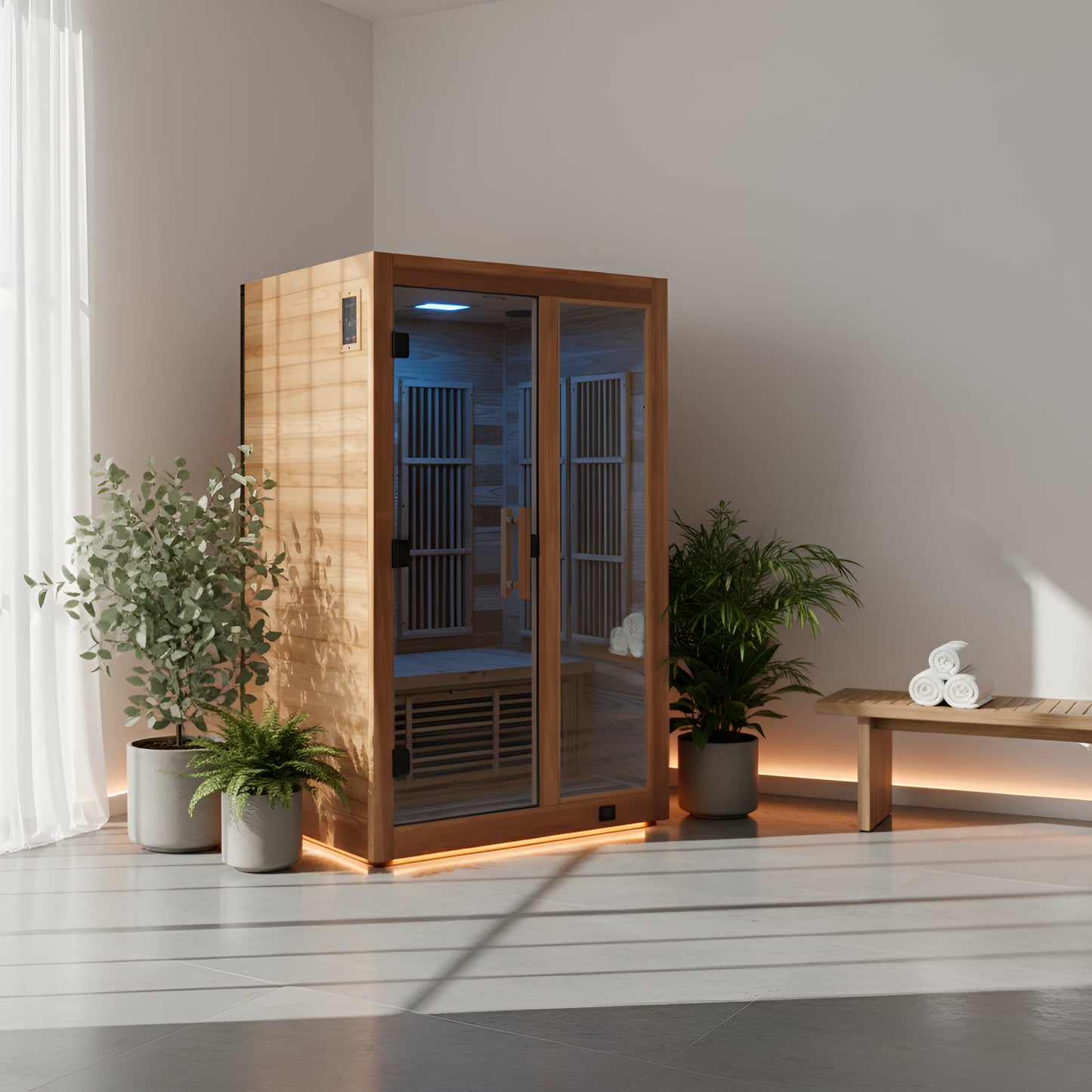 Rylan 2-Person Cedar Wood Indoor Infrared Sauna with Red Light Therapy and Chromotherapy