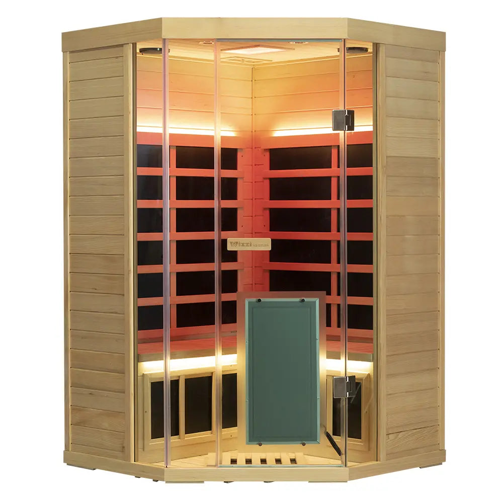 Wizzisaunas S07 2–3 Person Corner Full Spectrum Near Zero EMF Indoor Infrared Sauna with Red Light Therapy