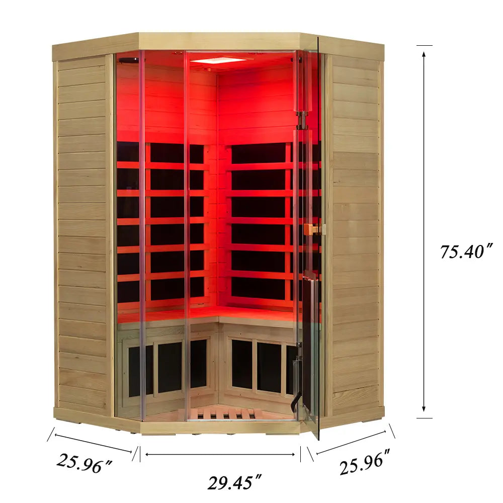 Wizzisaunas S07 2–3 Person Corner Full Spectrum Near Zero EMF Indoor Infrared Sauna with Red Light Therapy