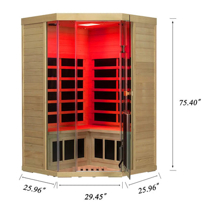 Wizzisaunas S07 2–3 Person Corner Full Spectrum Near Zero EMF Indoor Infrared Sauna with Red Light Therapy