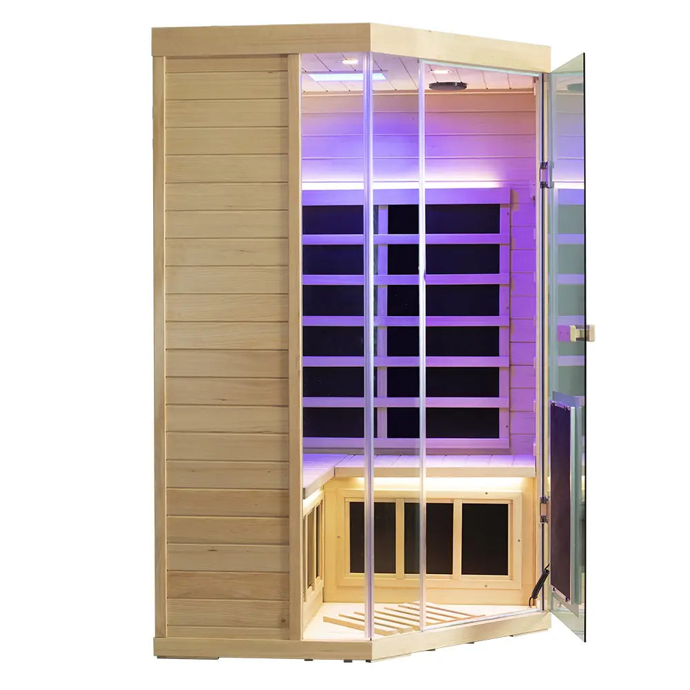 Wizzisaunas S07 2–3 Person Corner Full Spectrum Near Zero EMF Indoor Infrared Sauna with Red Light Therapy