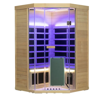 Wizzisaunas S07 2–3 Person Corner Full Spectrum Near Zero EMF Indoor Infrared Sauna with Red Light Therapy