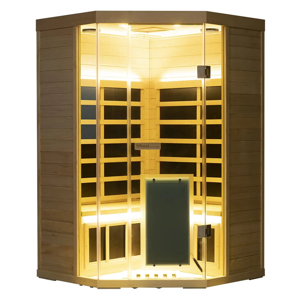 Wizzisaunas S07 2–3 Person Corner Full Spectrum Near Zero EMF Indoor Infrared Sauna with Red Light Therapy